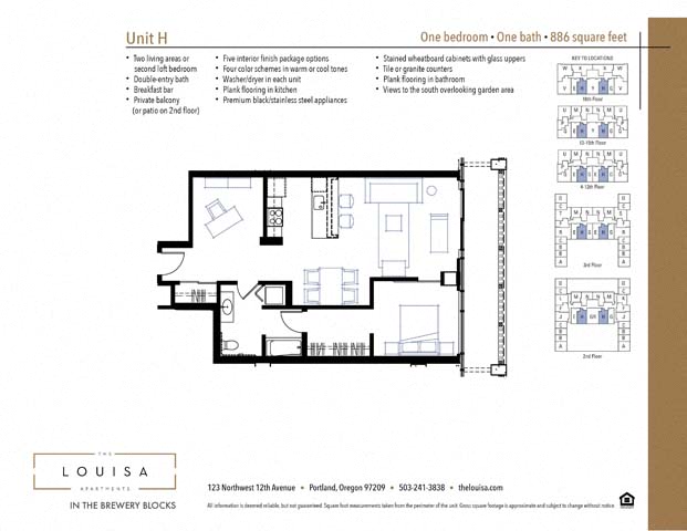 1 Bed 1 Bath (H) Floor Plan at The Louisa Apartments in Portland, Oregon